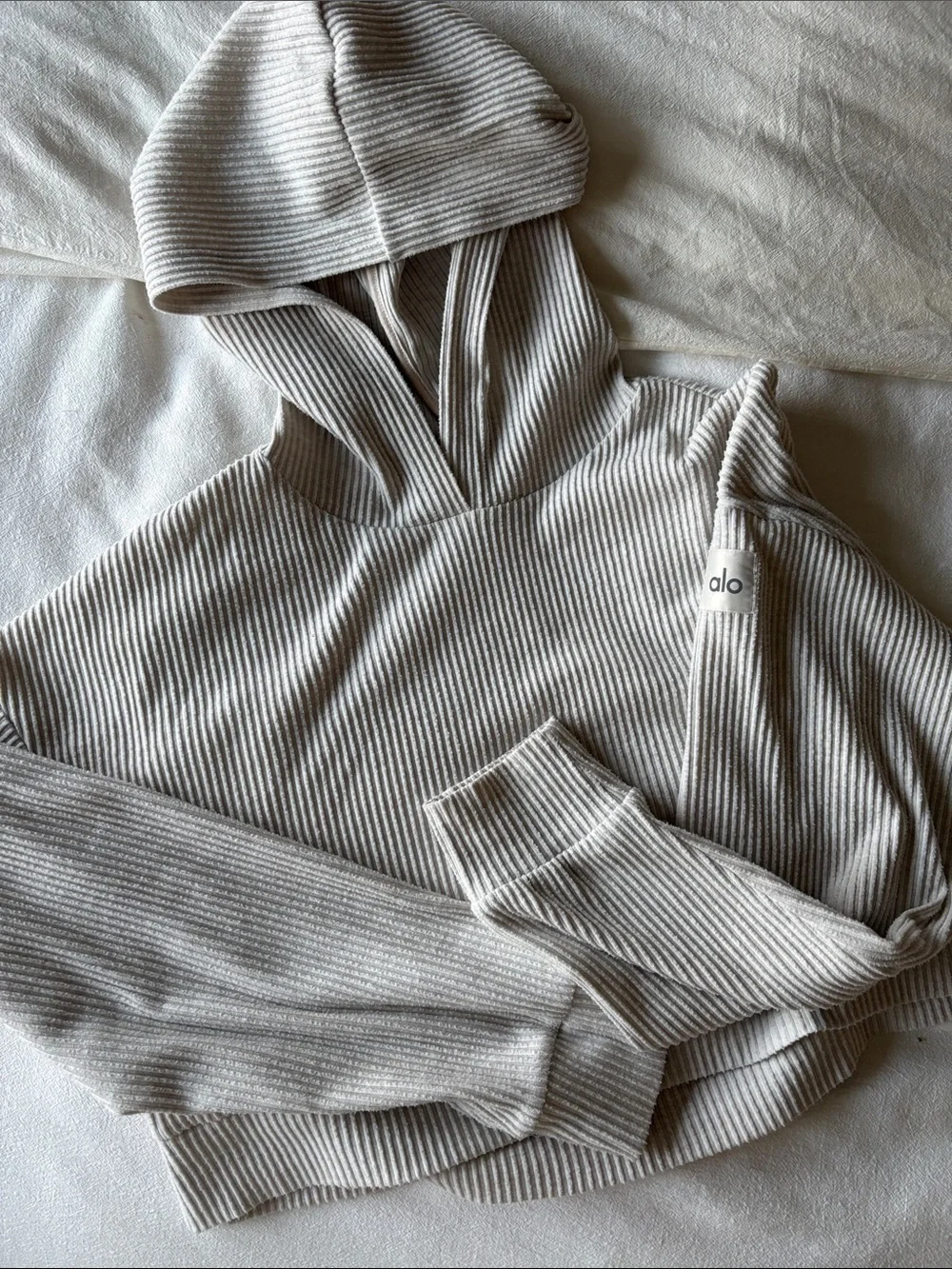 Alo Muse Ribbed Cropped Hoodie in Light Oatmeal Large